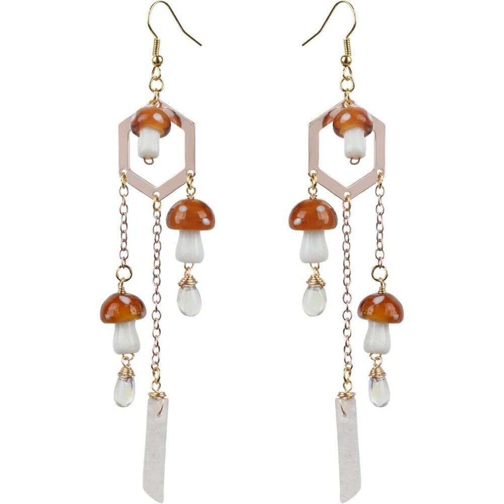 Woodland Mushroom Earrings Dangle Brass Hypoallergenic Gift for Women